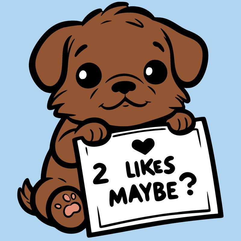 a puppy holding a sign that says 2 likes maybe?