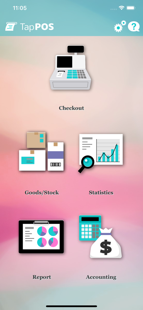 TapPOS app main menu with icons for checkout inventory statistics and accounting