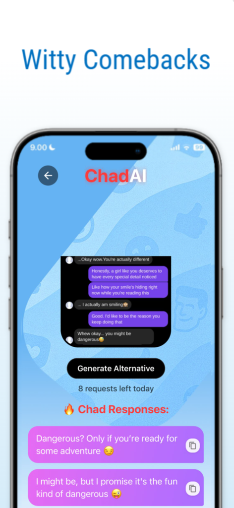 Chad.AI - Chad AI app screen showing generated witty responses for a dating conversation