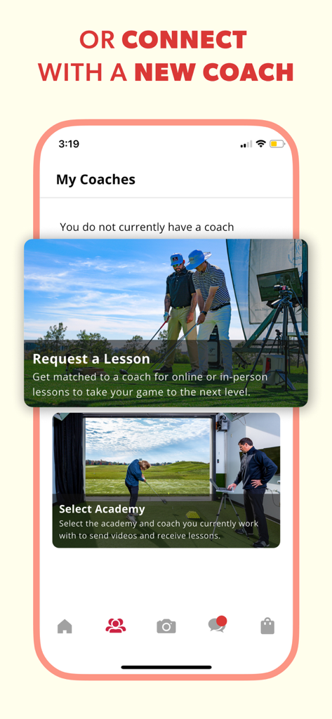 Tela do aplicativo V1 Golf mostrando opções para solicitar uma aula ou conectar-se a uma academia de golfe