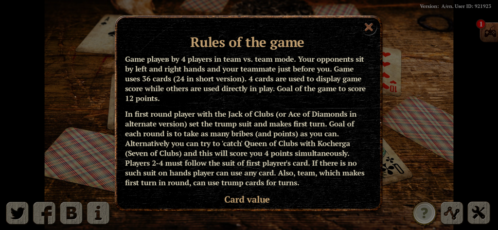 Kozel HD Online Card Game - 팀 플레이 지침을 보여주는 Kozel HD 온라인 카드 게임의 규칙 개요 화면