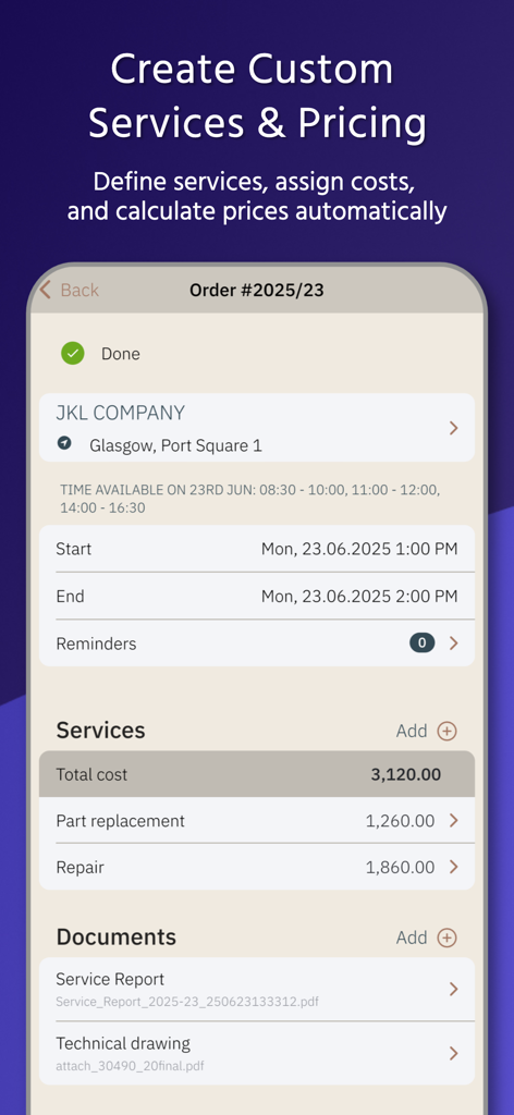 Mobile App-Oberfläche zur Verwaltung von Serviceaufträgen und zur Berechnung von Gesamtkosten