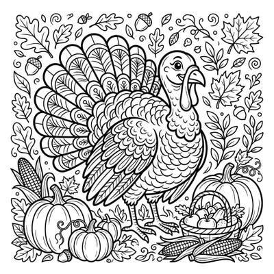 Get into the spirit of gratitude with this charming Thanksgiving turkey coloring page, surrounded by the bounty of autumn. Perfect for a cozy holiday activity, it features detailed leaves, pumpkins, and corn ready for your creative touch.