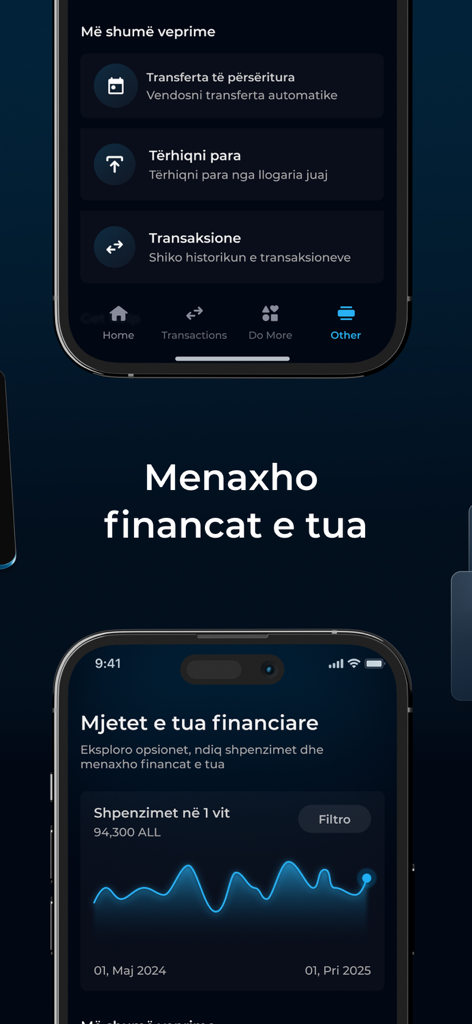 POK - Interface of the POK app showing a monthly spending graph and financial management options in Albanian