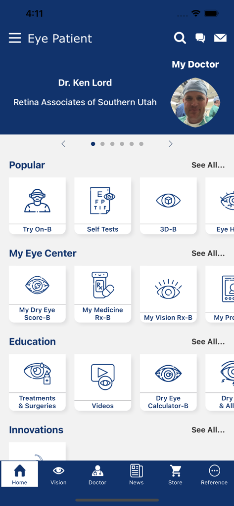 Eye Patient - Pantalla de inicio de la aplicación Paciente Ocular mostrando el perfil del médico del usuario y las categorías para pruebas de visión, registros de medicamentos y videos educativos.
