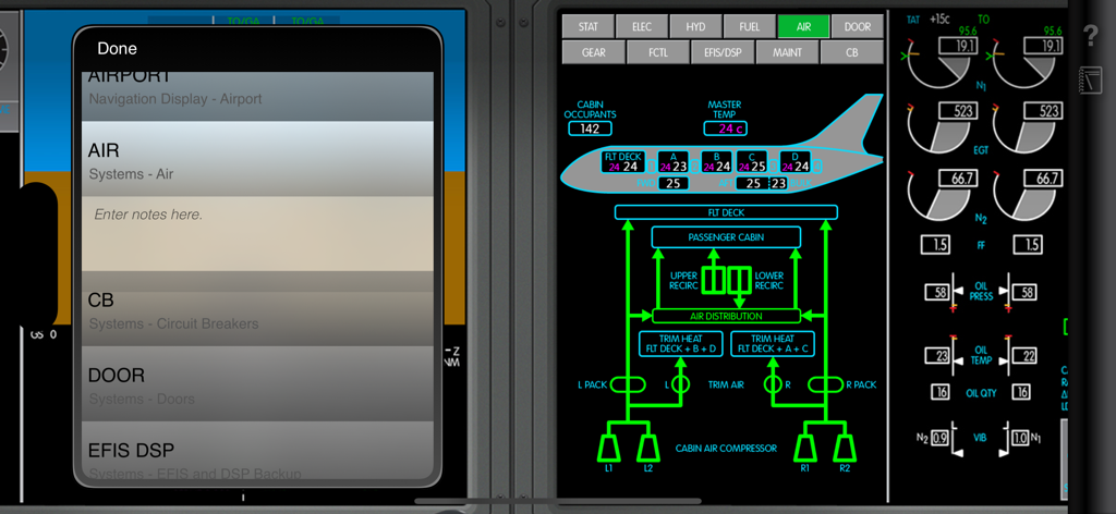 Acron B787 Cockpit Fam. - Interactive Boeing 787 air system diagram and note taking interface in a flight deck training app