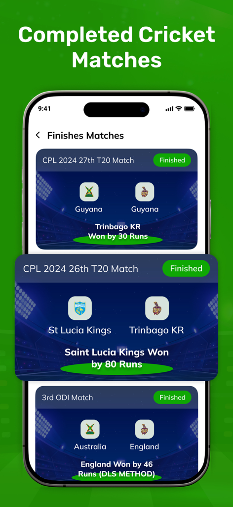 Live Cricket TV HD : IPL 2025 - iPhone screen showing finished cricket match results with team names and scores.