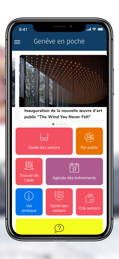The home interface of the Geneve en poche app showing news updates and municipal service shortcuts.