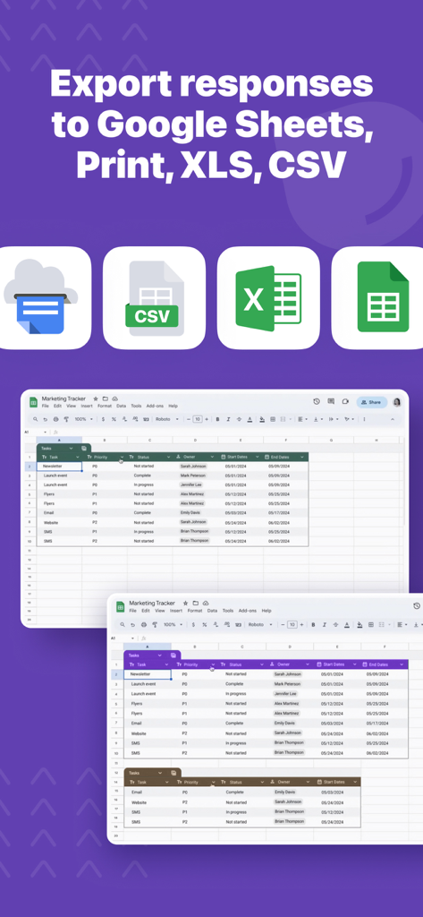 Forms for Google Docs - Exportar respuestas de Google Forms a los formatos de Google Sheets, Excel y CSV.