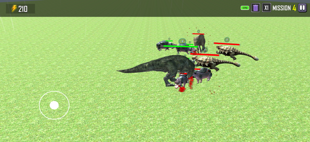 Gameplay von Animal Battle ARBS mit einem T-Rex, der gegen gepanzerte Dinosaurier und Nilpferde auf einem offenen Feld kämpft