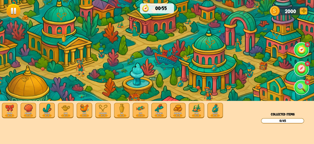 Gameplay of a hidden object scavenger hunt in an underwater city level