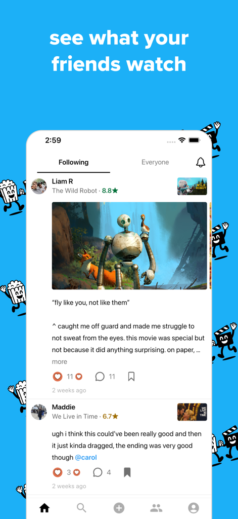 Flick: Rate Movies & Shows - A social feed in the Flick app showing movie and TV show reviews from friends with images and ratings.