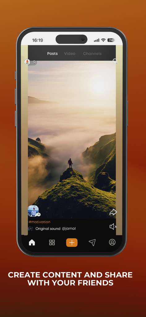 AFree 모바일 앱 인터페이스, 풍경이 아름다운 산 사진과 콘텐츠 공유 기능이 있는 소셜 미디어 게시물 표시