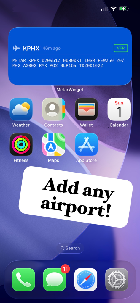 Modern METAR Widget - Modern METAR Widget on an iPhone home screen displaying weather data for KPHX airport