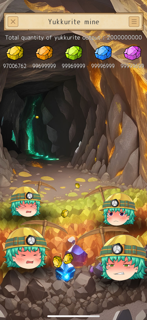 Yukkuri My Friends - Four Yukkuri characters wearing miner helmets and using pickaxes to gather colorful gems in the Yukkurite mine