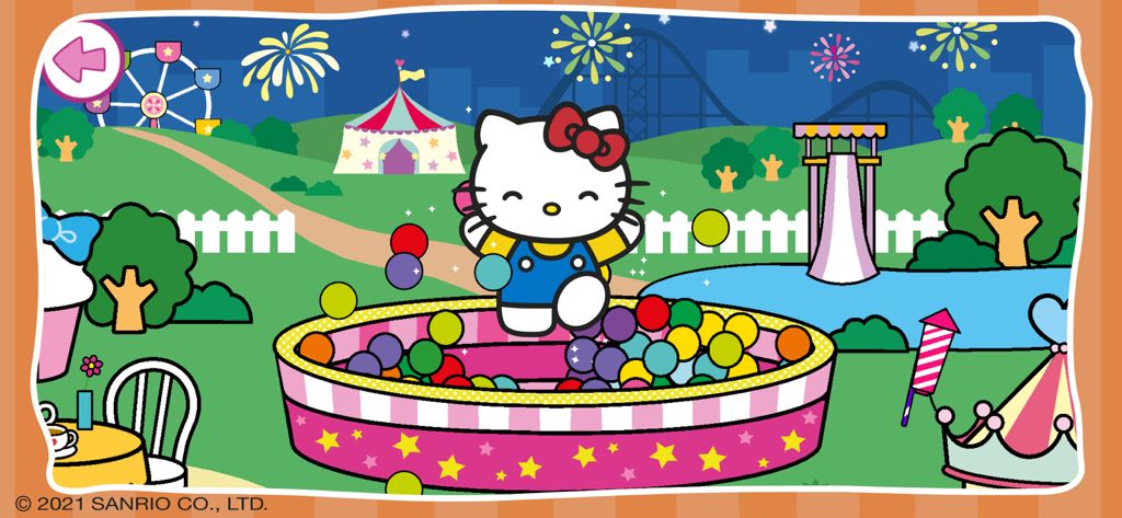 Hello Kitty: Supermarket Game - Hello Kitty playing in a ball pit at a fairground with fireworks