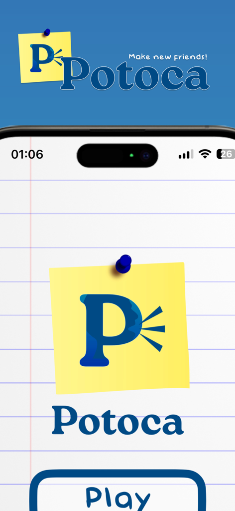 Tela inicial do aplicativo Potoca com o logotipo de um post-it amarelo e o slogan faça novos amigos.