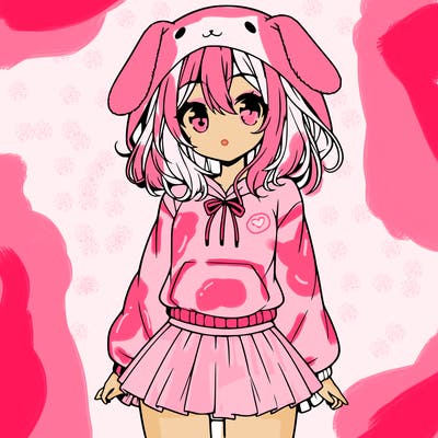 pretty anime girl wearing a fluffy hoodie with bunny ears on the hood and a skirt