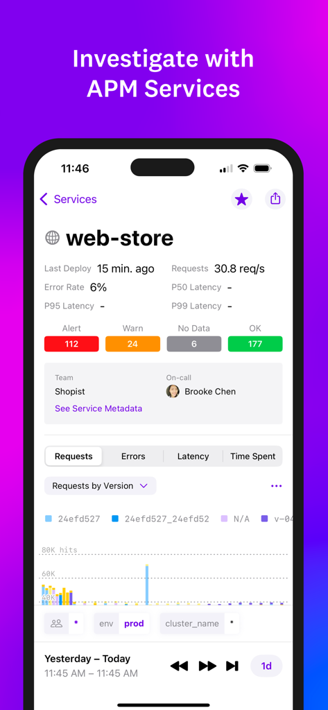 Interfaccia dell'app mobile Datadog che visualizza metriche di servizio APM in tempo reale e avvisi per uno store online