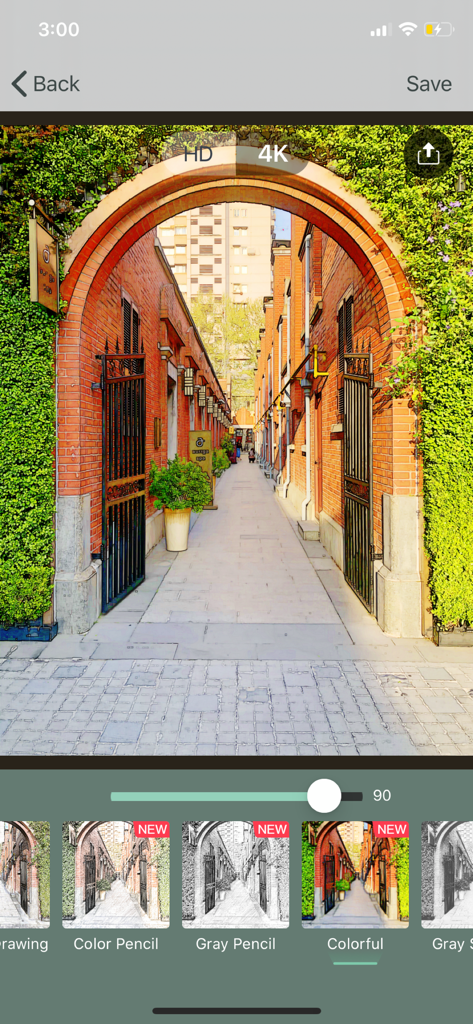 Interfaccia di un'app mobile che mostra un filtro schizzo colorato su una foto architettonica