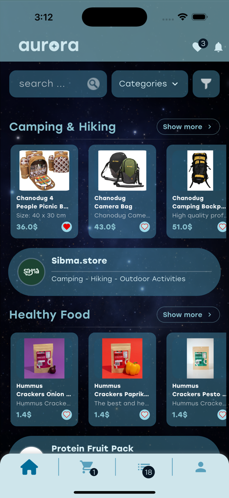 Aurora Store - Interfaz de la aplicación Aurora Store que muestra categorías de productos y listados de comerciantes locales