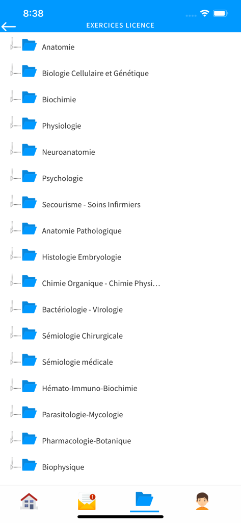 Manuel Universitaire - Eine Liste medizinischer Kursordner, einschließlich Anatomie und Biochemie, auf dem Bildschirm der Manuel Universitaire App