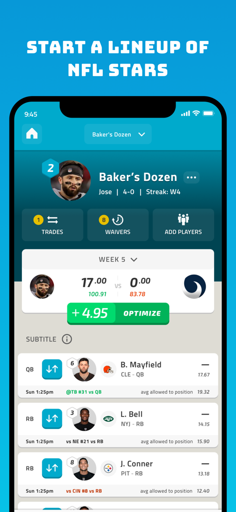 NFL Fantasy Football - NFL Fantasy Football app interface showing a team roster with player stats and lineup optimization options