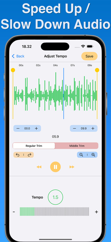 iPhone screenshot of Music Speed Changer app showing audio waveform and tempo adjustment controls
