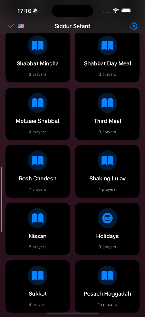 Siddur - Edot HaMizrach - Grid layout menu of the Siddur app showing categories for Shabbat, Holidays, and special Sephardic prayers.