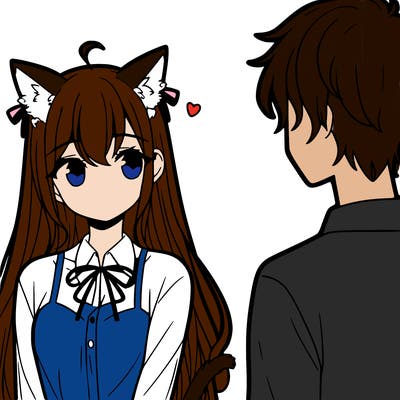 a girl with long hair, cat ears and tail looking at a guy with short hair