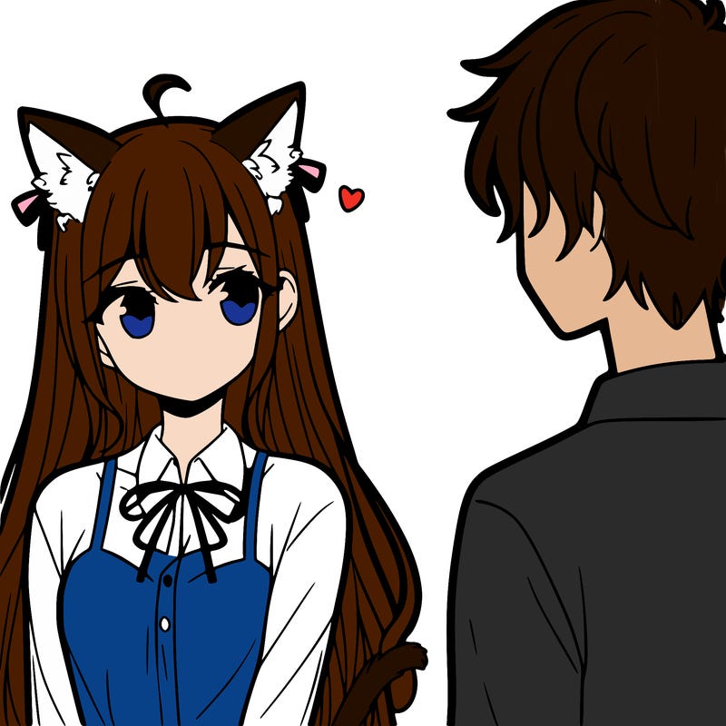 a girl with long hair, cat ears and tail looking at a guy with short hair