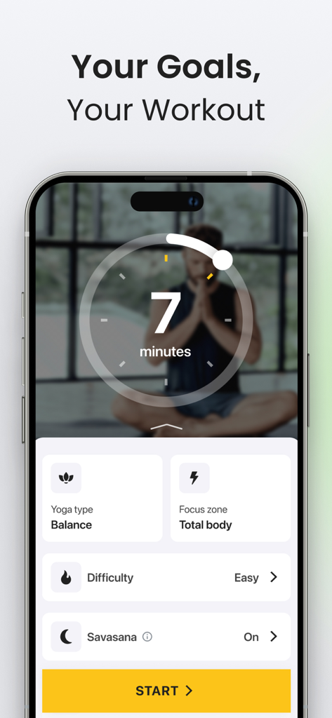 A mobile interface for the Yoga Go app showing options to customize a seven minute balance workout by focus zone and difficulty.