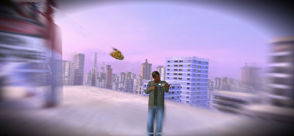 Cinematic kill cam showing a bullet in slow motion approaching a target in a city