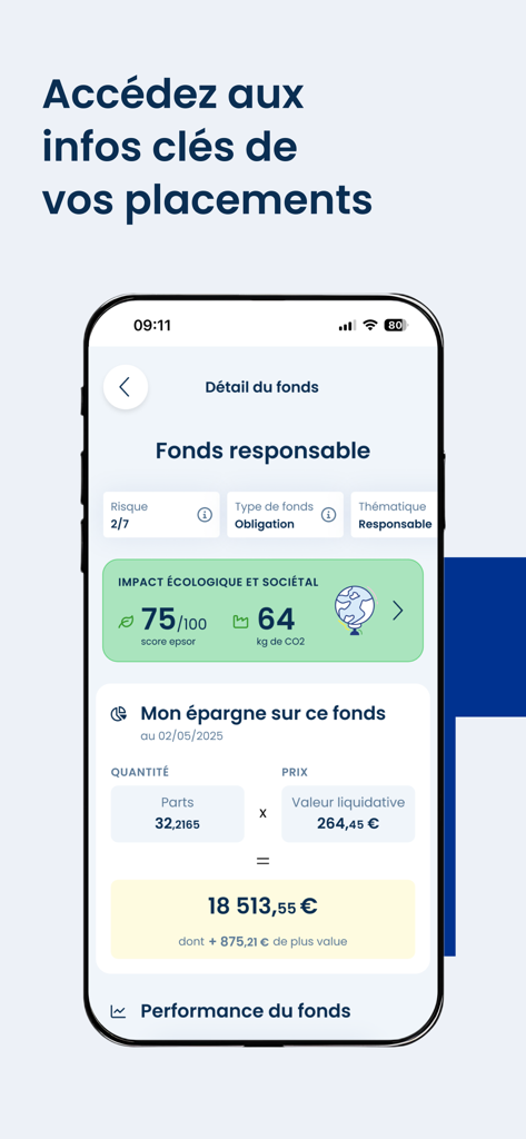 Epsor - Epsor app interface showing details of a responsible investment fund and its environmental impact score
