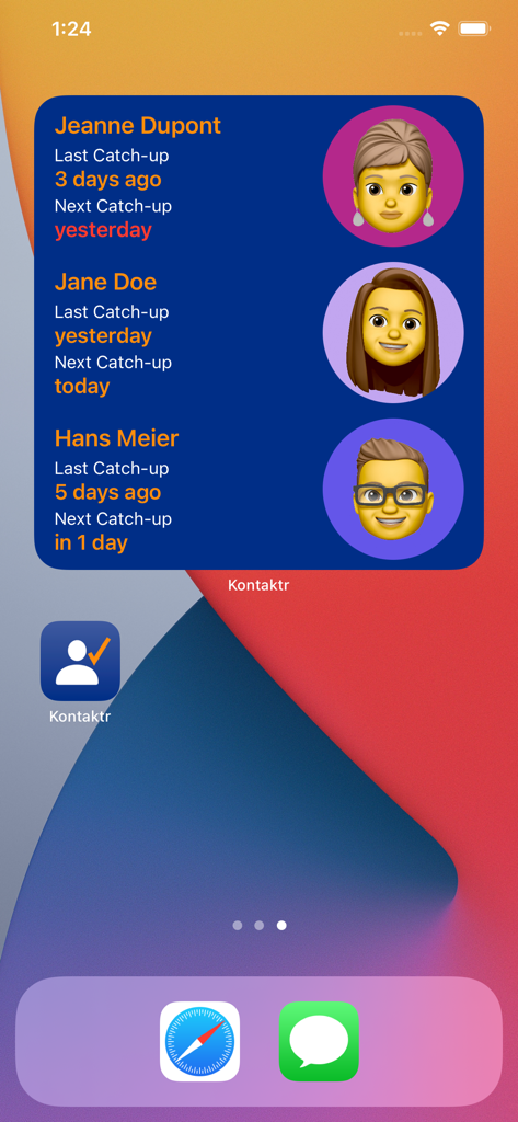 iPhone-Startbildschirm mit einem Kontaktr-Widget mit Treffen-Erinnerungen für soziale Kontakte