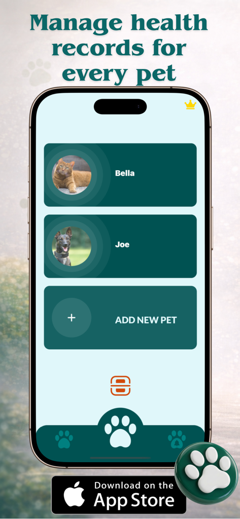 Vet Record - pet health track - Vet Record app interface showing health record profiles for multiple pets including a cat and a dog