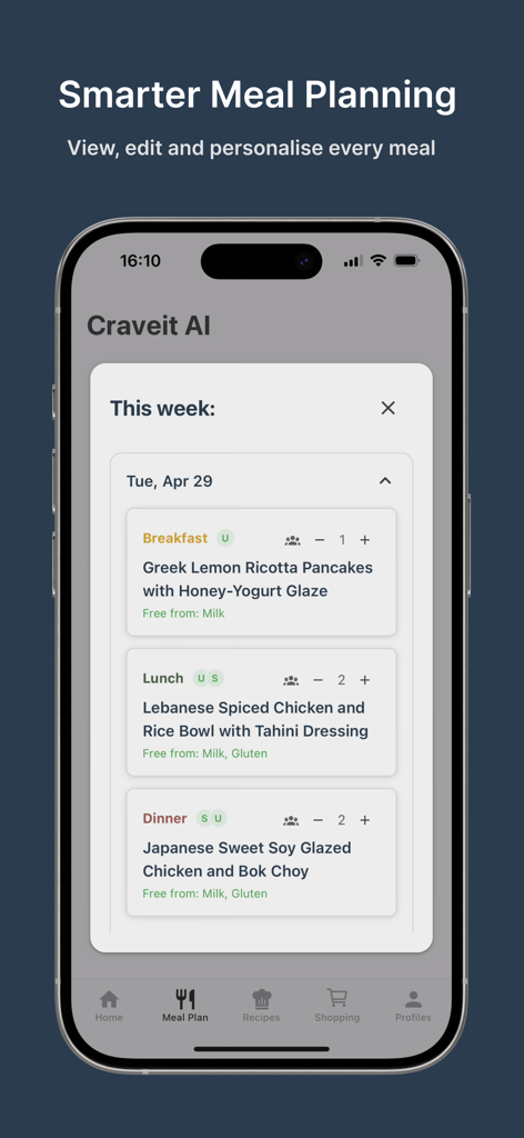 Craveit AI - Meal Planner - Craveit AI app interface displaying a personalized daily meal plan with various recipes