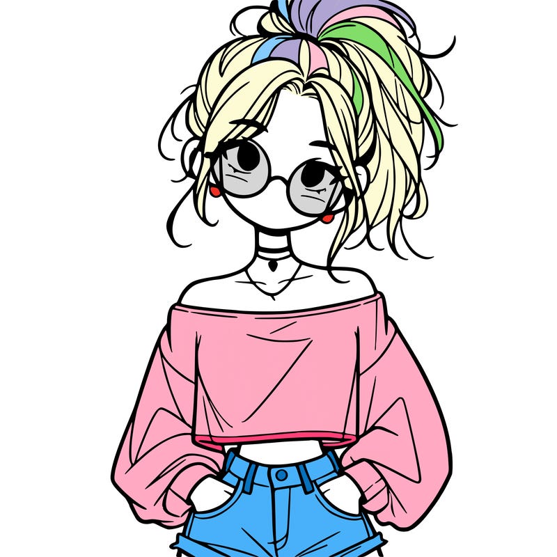 girl with a messy ponytail glasses a baggy crop top and jean shorts