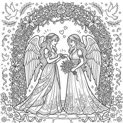 Immerse yourself in a scene of divine love and celebration with this elegant wedding coloring page. Featuring two graceful Angels of Justice exchanging vows under a beautiful floral arch, it's perfect for a serene coloring experience.