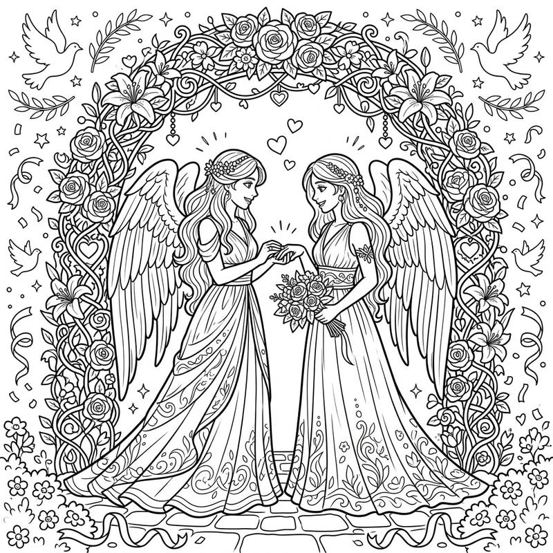 Immerse yourself in a scene of divine love and celebration with this elegant wedding coloring page. Featuring two graceful Angels of Justice exchanging vows under a beautiful floral arch, it's perfect for a serene coloring experience.