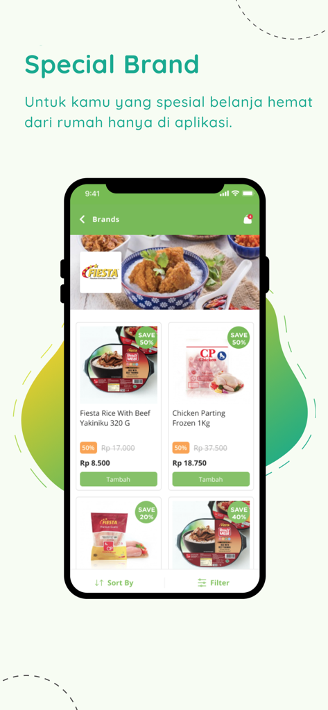 Prima Freshmartモバイルアプリのインターフェース。割引バッジが付いた特別ブランドの食料品が表示されています