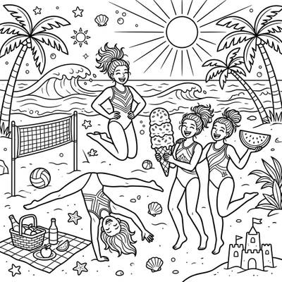 Get ready for a sun-soaked adventure with our collegiate gymnasts coloring page! Watch these athletes enjoy a lively summer beach vacation, complete with ice cream, beach volleyball, and daring gymnastics moves.