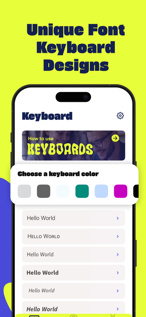 Fonts for iPhones & iPads - Una pantalla de aplicación móvil que muestra opciones para elegir colores de teclado personalizados y previsualizar diferentes estilos de fuentes únicos.