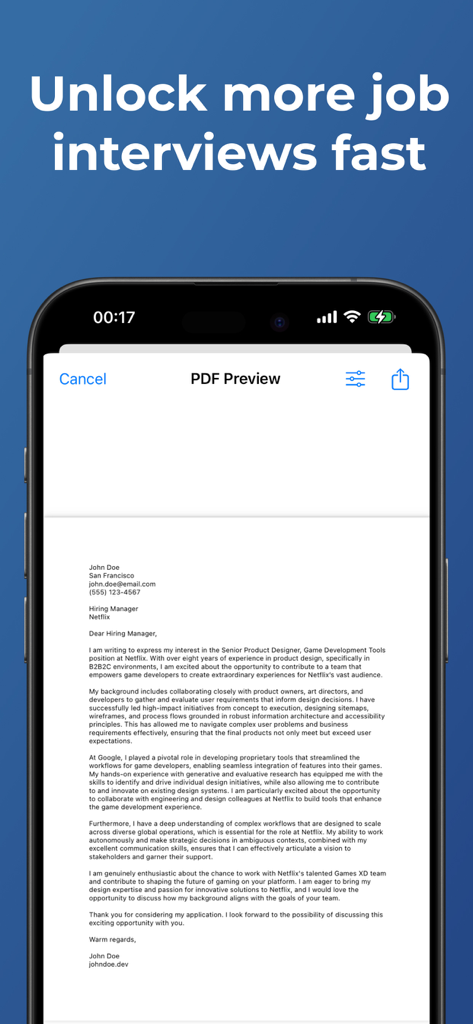 Resume Creator & Cover Letter - Bildschirm eines Smartphones, der eine Vorschau eines professionellen Anschreiben-PDFs innerhalb der Lebenslauf-Ersteller-App anzeigt.