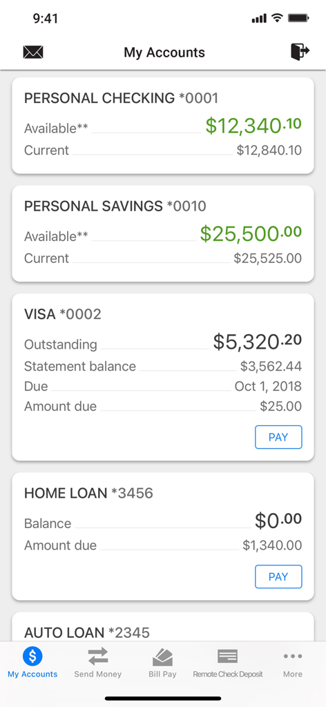 Clearview mobile app dashboard showing personal checking and savings account balances