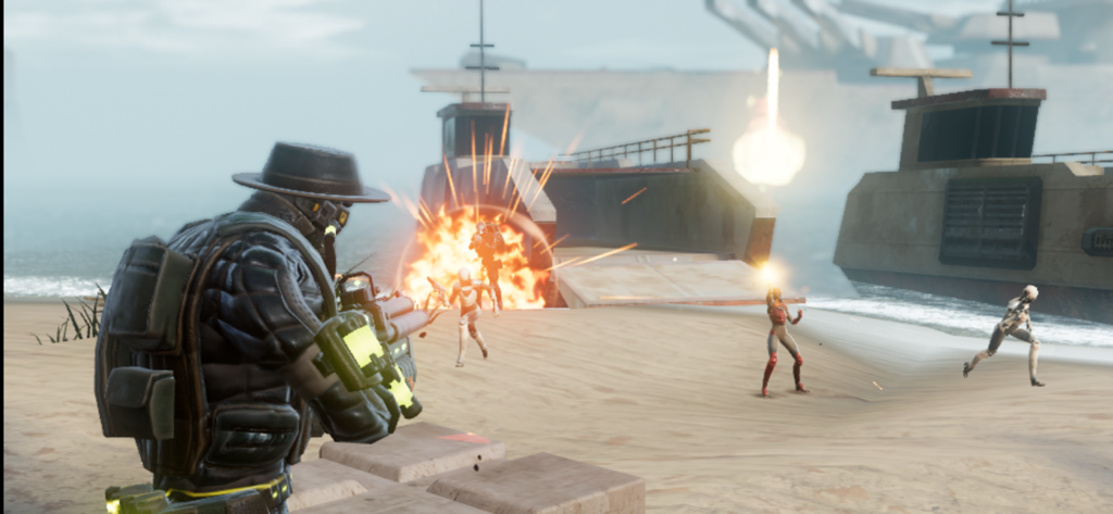 Hero Hunters - 3D Shooter wars - A hero character engaging in a tactical third-person shooter battle on a beach with explosions
