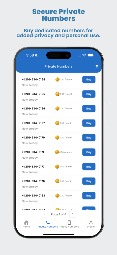 FreePhone.io: Temporary Number - Pantalla de la aplicación móvil FreePhone.io que muestra una lista de números de teléfono privados de EE. UU. de Nueva Jersey disponibles para su compra.
