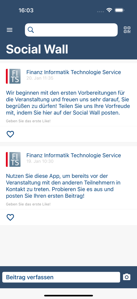 The Social Wall interface of the FI-TS Events app displaying corporate event updates and community posts
