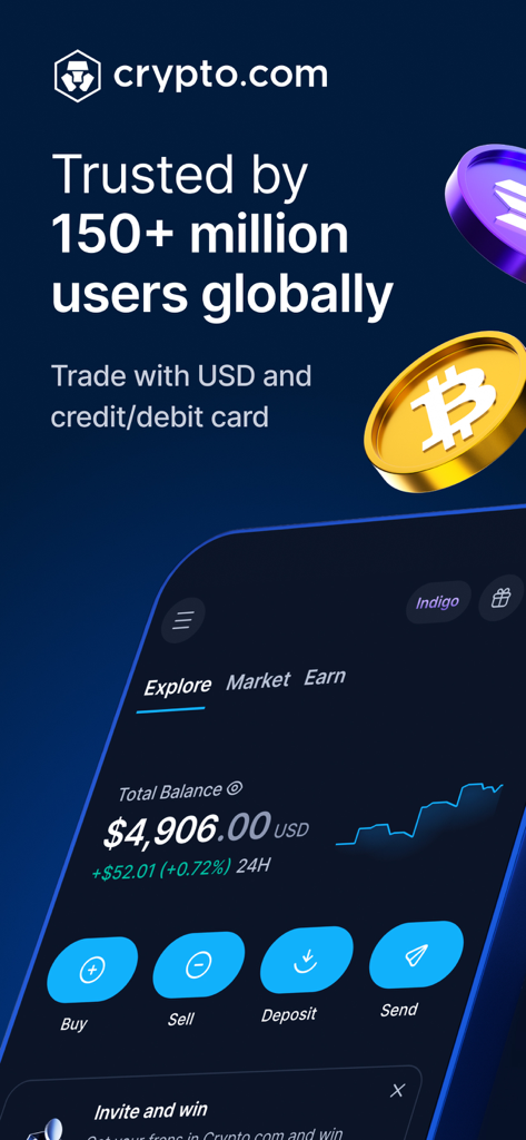 Crypto.com: Buy BTC, ETH & CRO - Crypto.com 모바일 앱 인터페이스에 계좌 잔액 및 거래 옵션 표시