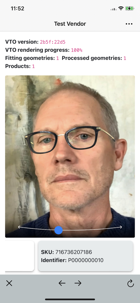 Topology Showcase - A man using the Topology Showcase virtual try-on feature to preview eyewear frames on his face.